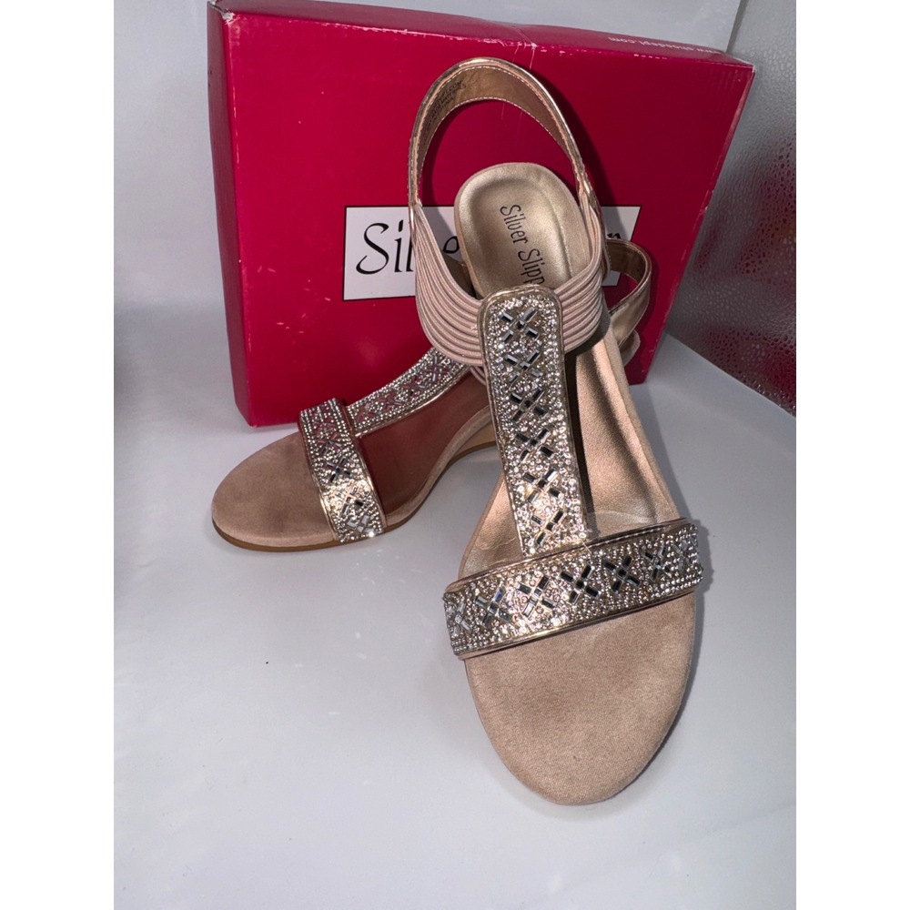 Silver Slipper Phoebe Rose Gold Rhinestone Wedge Sandals Women 5.5 751842 RGD